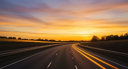 Fototapeta premium Experience the freedom of the open road at sunset, with golden light streaking across the highway as you journey towards a breathtaking horizon.