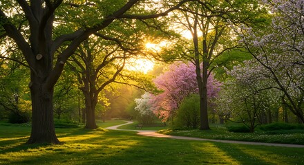Fototapeta premium Serene park pathway illuminated by golden sunlight filtering through blossoming trees