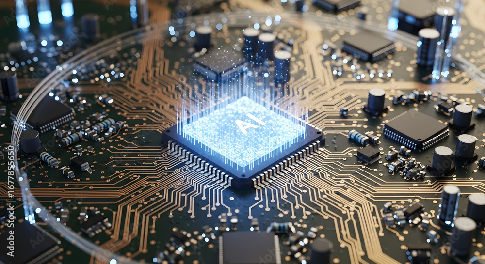 Fototapete a glowing blue ai chip at the center of a complex computer circuit board, symbolizing artificial int