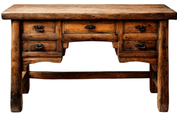 Aged wooden writing desk with multiple drawers.