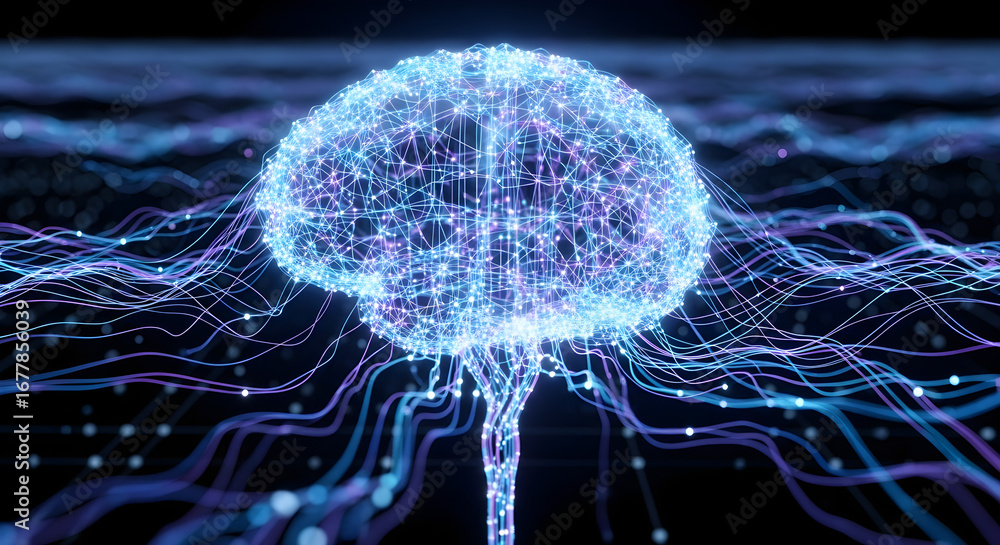 Poster a glowing, intricate digital representation of a human brain, pulsing with light and connected by a 