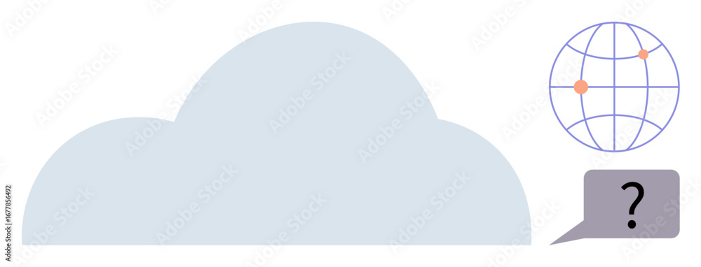 Poster large cloud shape, globe with dots on webbed lines, speech bubble with question mark. ideal for glob
