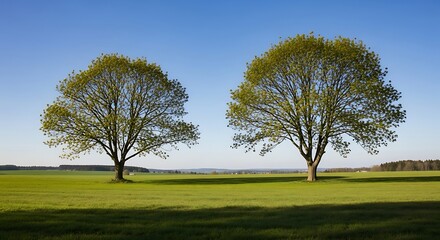 Obraz premium Two Majestic Trees Standing Tall in a Lush Green Field Under a Clear Blue Sky.