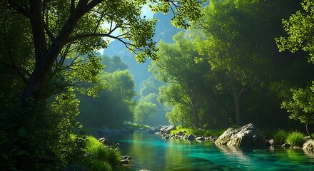 Obraz premium Serene River Flowing Through a Lush Green Forest.