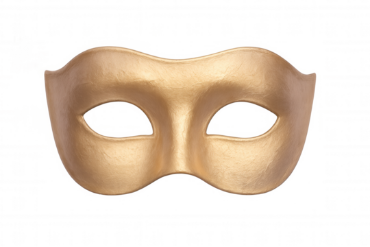 Gold carnival mask isolated on transparent background, symbolizing celebration, mystery, and disguise