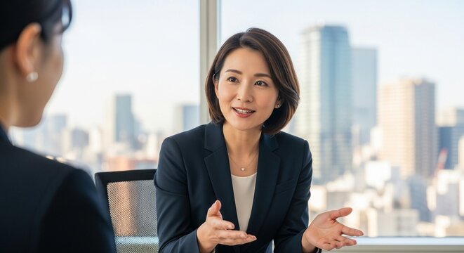 日本人女性管理職が部下の社員に語りかけている様子