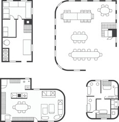 Minimalist architectural floor plan, modern residential layout with curved walls, open space dining design, perfect for home planning concept visuals.
