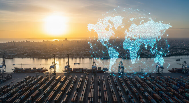 Futuristic concept of a smart global logistics and supply chain network. A glowing world map and data connections overlay a busy container port, representing international trade and innovation.