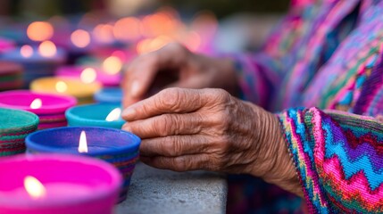 Old woman's wrinkled hand touching a burning candle. Day of the Dead celebration tradition. Mexican culture and ritual for remembrance.