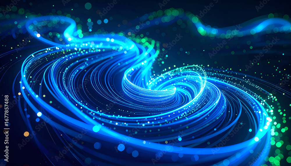 Poster dynamic blue green light trails futuristic tech abstract digital data connection science energy moti