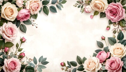 Elegant floral border of soft pink and cream roses and green leaves, framing a subtle textured background, perfect for invitations and greeting cards