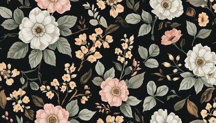 Classic romantic floral seamless pattern with delicate hand-drawn white and pink flowers on a dark background