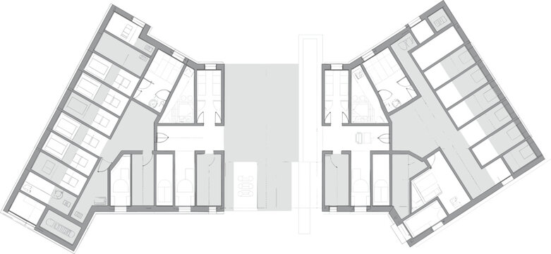 Modern architectural floor plan of student dormitory layout, featuring symmetrical rooms, efficient design, shared living spaces, and private bedrooms
