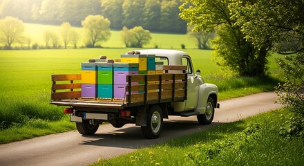 Vintage Truck Transporting Colorful Beehives in Countryside.