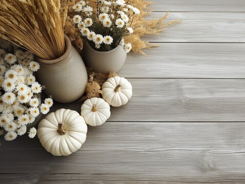 Minimalist fall white and sage pumpkins arranged on a grey wooden floor. Copy space for text.
