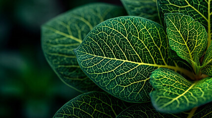 Close up of green leaves with yellow veins in a dark background scene.