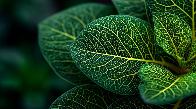Close up of green leaves with yellow veins in a dark background scene. - Powered by Adobe