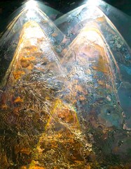 Abstract glass art, illuminated peaks