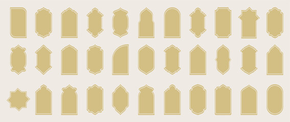 Set of Islamic Shape Illustration. flat Islamic door and arabic window Shape Illustration. Muslim oriental shapes design for Ramadan. Set of black silhouette eid mubarak decorative arches, mosque