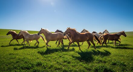 Wild Horses Galloping Across a Green Meadow.