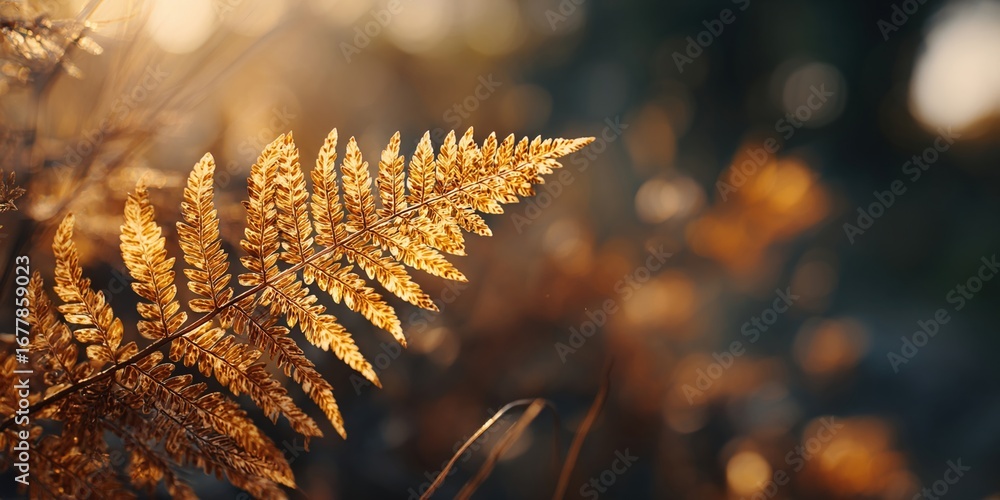 Poster golden fern leaf illuminated by sunlight, creating warm and serene atmosphere in natural setting