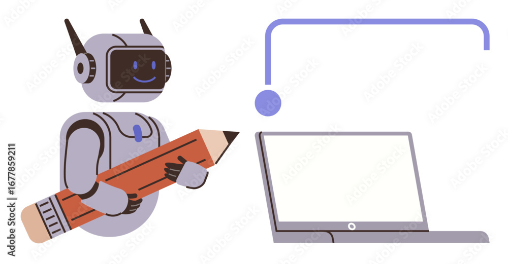 Poster robot holding a pencil next to a laptop, symbolizing creativity, coding, ai, education, and innovati