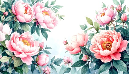 Soft Pink Peony Blossoms with Lush Green Leaves, a Delicate Floral Background