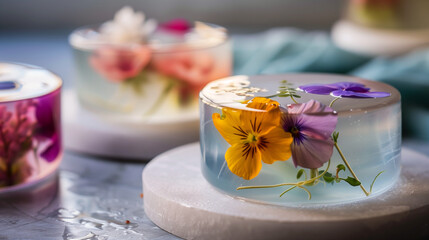 Floral Jelly Desserts with Edible Flowers and Fresh Fruit on Marble Background