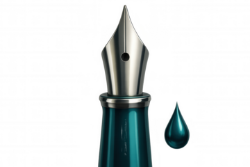 Turquoise ink flowing from elegant fountain pen nib, highlighting precision writing instrument against crisp transparent surface