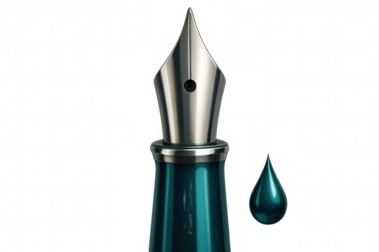 Turquoise ink flowing from elegant fountain pen nib, highlighting precision writing instrument against crisp transparent surface