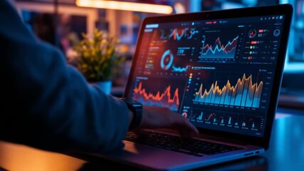 Programmers using laptops analyze financial data on a futuristic global virtual interface algorithm. 4k video - Powered by Adobe