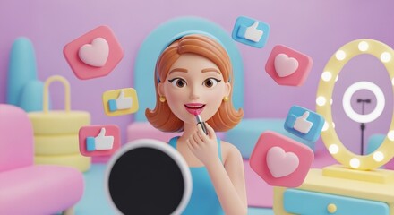 3D cartoon influencer applying lipstick surrounded by social media hearts and likes