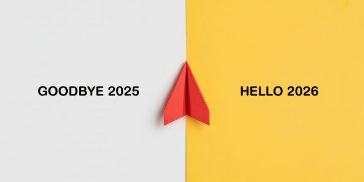 Red paper airplane transitioning from goodbye 2025 to hello 2026 on a split background