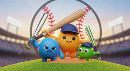 Whimsical baseball characters ready for action in a vibrant stadium setting