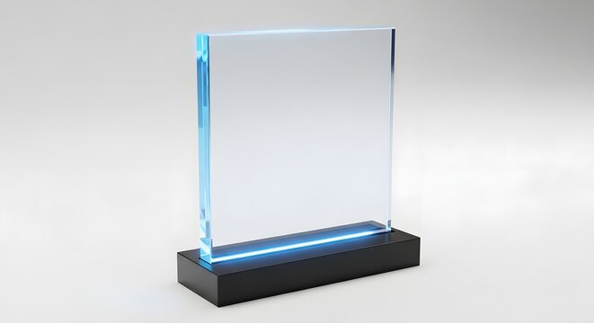 Blank Acrylic Award with Glowing Blue Edges on Black Stand