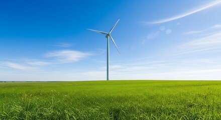 Wind turbine standing tall in a lush green field under a clear blue sky with wispy clouds.