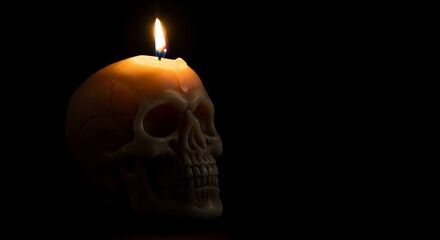 A carved pumpkin in the shape of a skull with a lit candle on top against a dark background.
