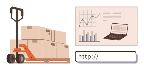 Pallet jack with boxes, laptop displaying charts and graphs, and search bar. Ideal for logistics, e-commerce, analytics, process management, warehousing technology online retail. Simple flat