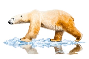 A majestic polar bear walking on ice, showcasing its stunning white fur against a blue background.