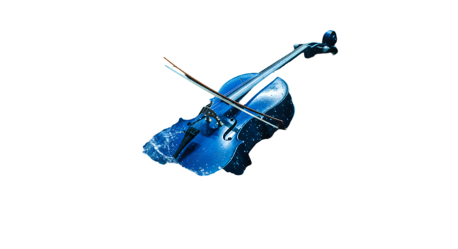A celestial blue violin floating in the darkness a cosmic orchestra waiting to begin with stark