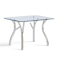 Elegant glass table with modern branch-like chrome legs, perfect for contemporary dining spaces.
