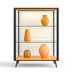 Modern display cabinet showcasing unique orange vases, perfect for contemporary home decor and interior design.