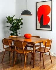 Modern dining room featuring a wooden table, stylish chairs, and vibrant decor elements for a cozy atmosphere.
