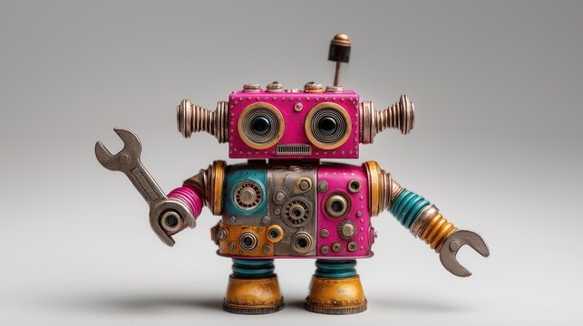 A funny cute robot holding tools symbolizing the agentic AI agent using AGI superintelligence for ASI autonomy during the singularity