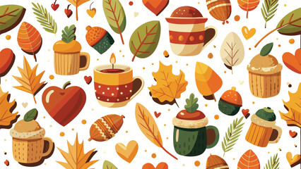 Seamless pattern of mugs, knitted hearts, and acorns in autumn tones, vector repeat background.