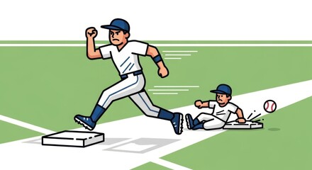 Dynamic baseball illustration showcasing runner reaching base safely ahead of the tag