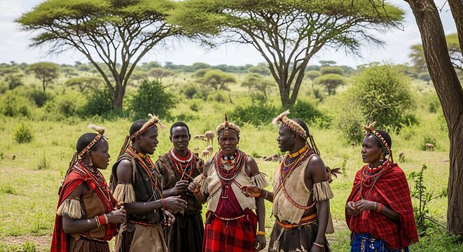 Traditional Maasai tribe members gathering in the African savanna.
