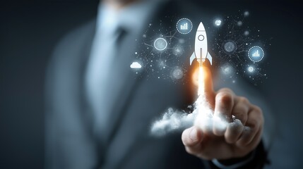 A businessman pressing a rocket launch icon symbolizing the agentic AI agent using AGI superintelligence for ASI autonomy during the singularity