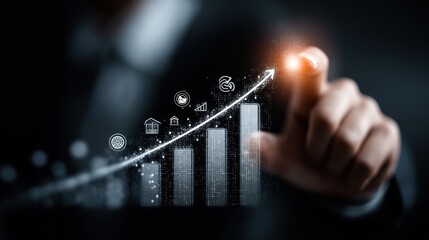 A businessman with a graph for growth symbolizing the agentic AI agent using AGI superintelligence for ASI autonomy during the singularity
