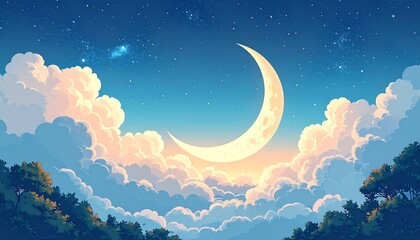 Crescent moon resting on clouds in dreamy starlit night sky with soft gradient blue tones, fantasy celestial artwork symbolizing peace, dreams, and night magic
